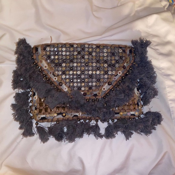 ibBan Anthropology Handmade Boho Beaded Fringe Crossbody Bag Gray - Picture 3 of 11